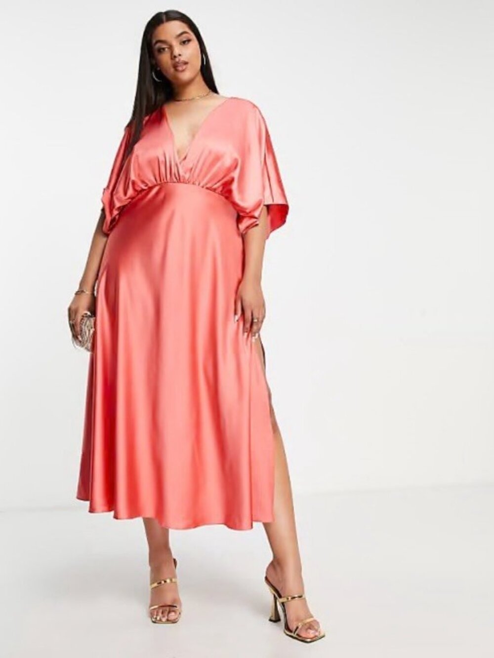 ASOS DESIGN Curve Size US 16 Coral wrap front batwing sleeve satin midi dress - Picture 2 of 16